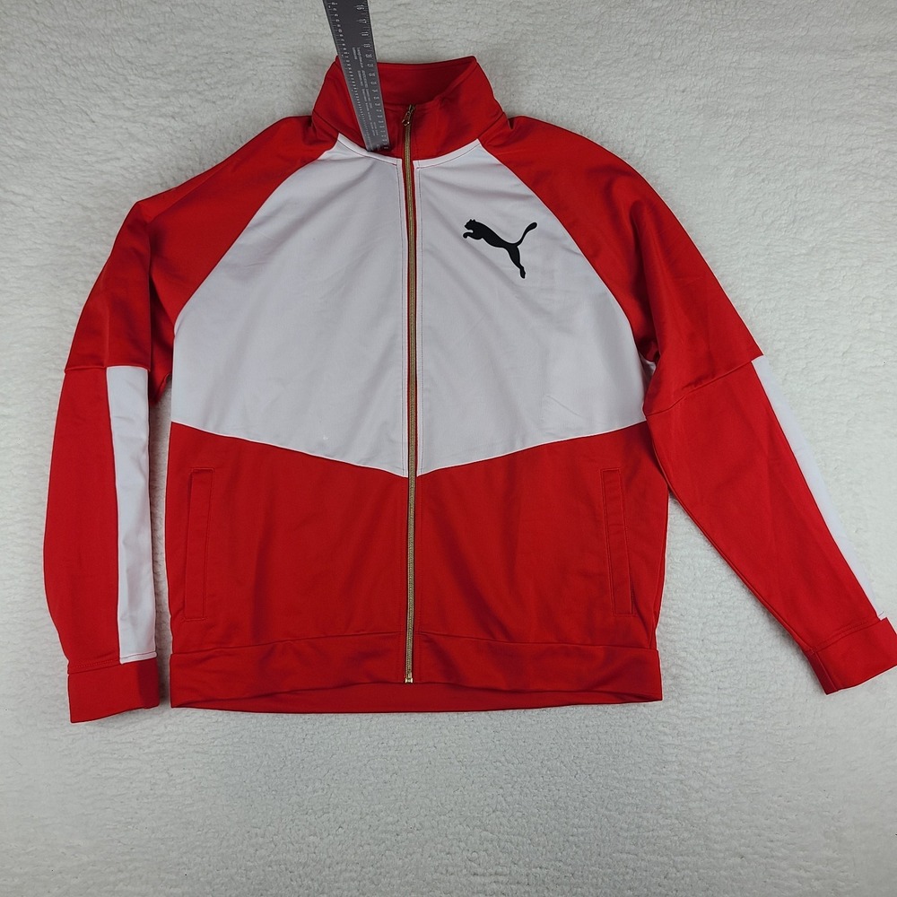 PUMA Sweater Mens XL Red White Full Zip Performance Tech Jacket 100% Polyester *